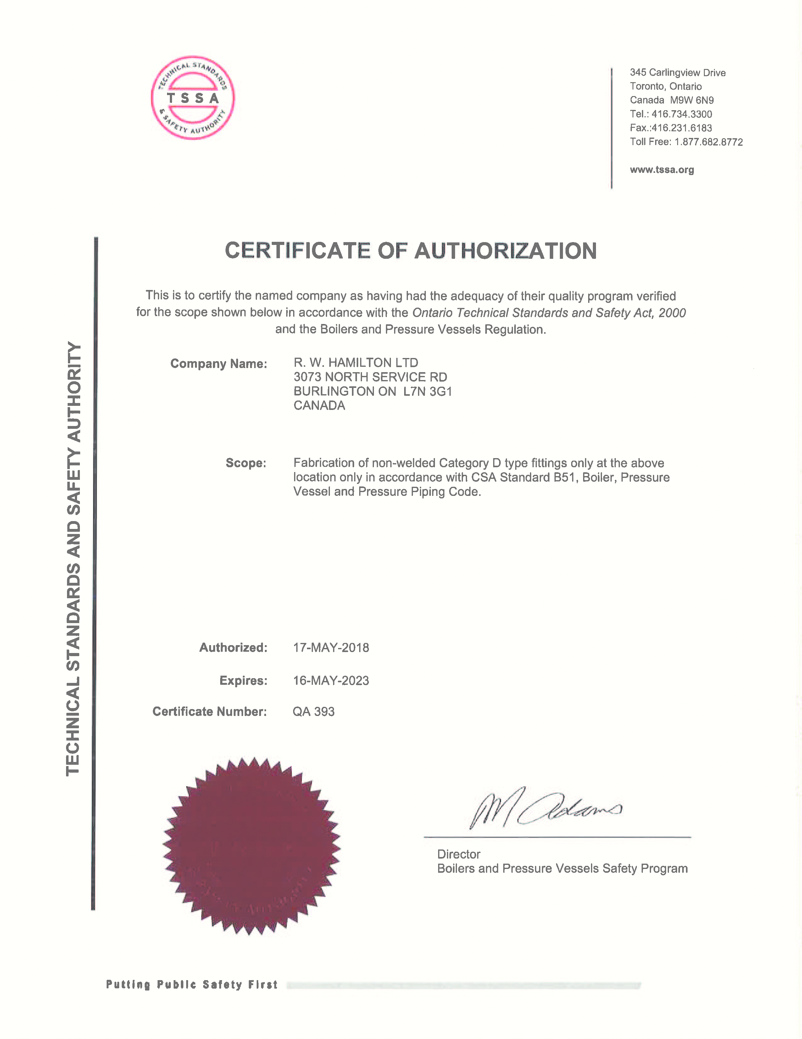 TSSA Certificate of Authorization
